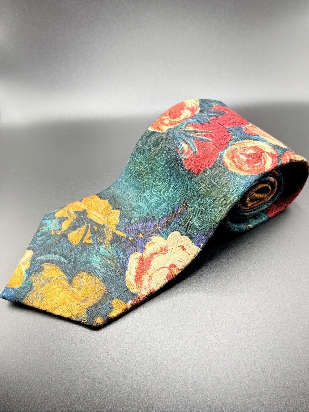 Vintage Aquascutum of London Silk Floral Tie Teal Red Painterly Impressionist